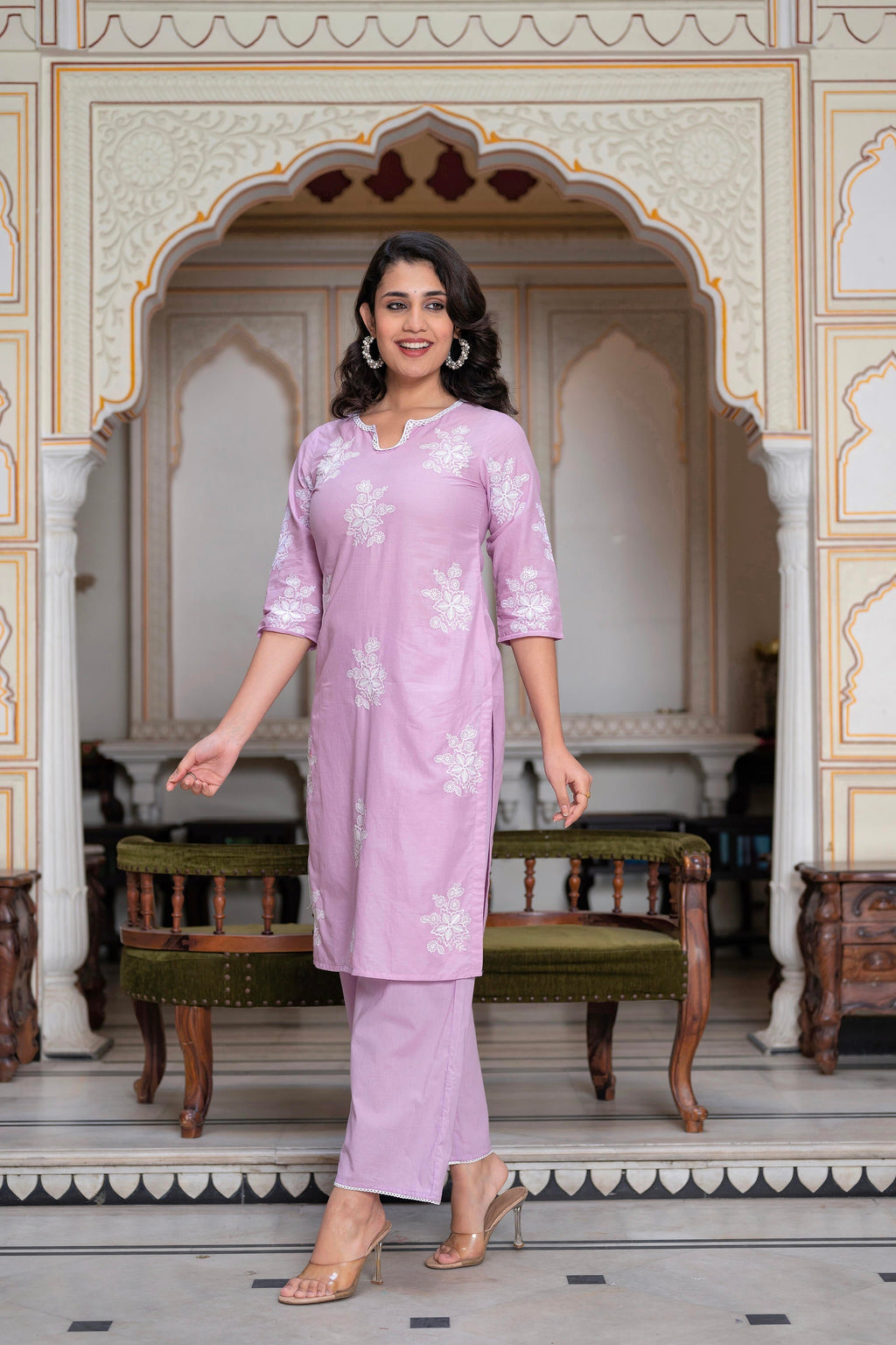 Juniper Lavender Floral Embroidered Cotton Slub Kurta with Palazzo & Hook Closure | Grocsy