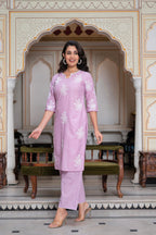 Juniper Lavender Floral Embroidered Cotton Slub Kurta with Palazzo & Hook Closure | Grocsy