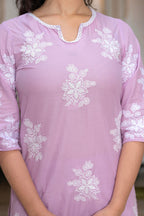 Juniper Lavender Floral Embroidered Cotton Slub Kurta with Palazzo & Hook Closure | Grocsy