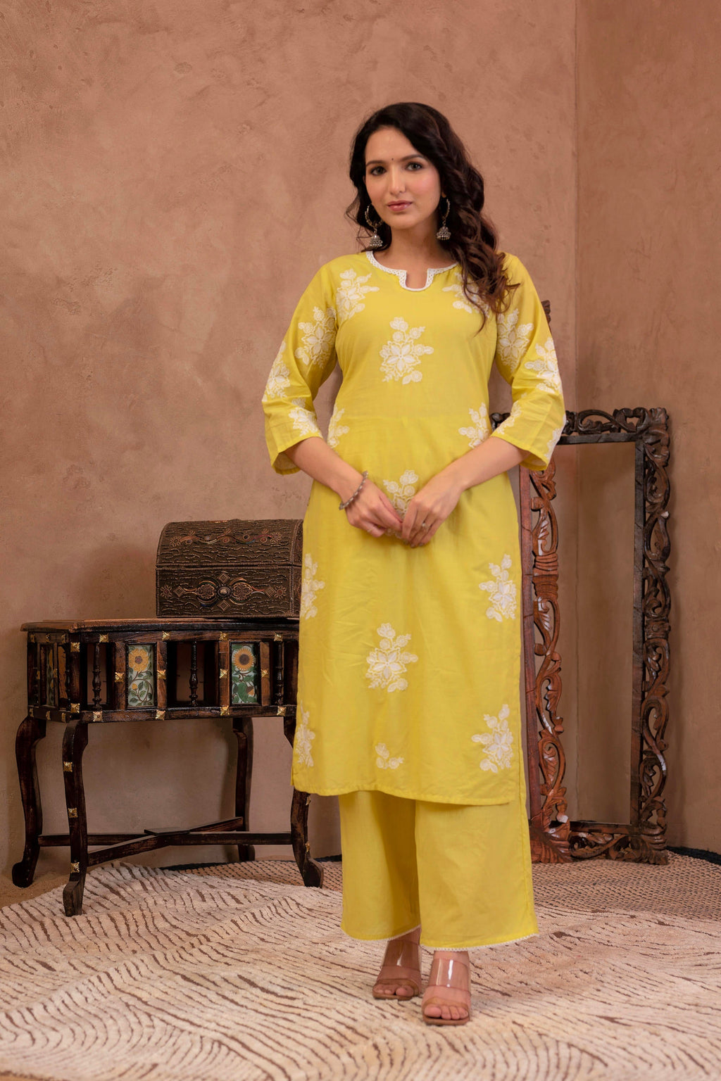 Juniper Lime Yellow Embroidered Cotton Slub Kurta with Palazzo & Thread Work | Grocsy