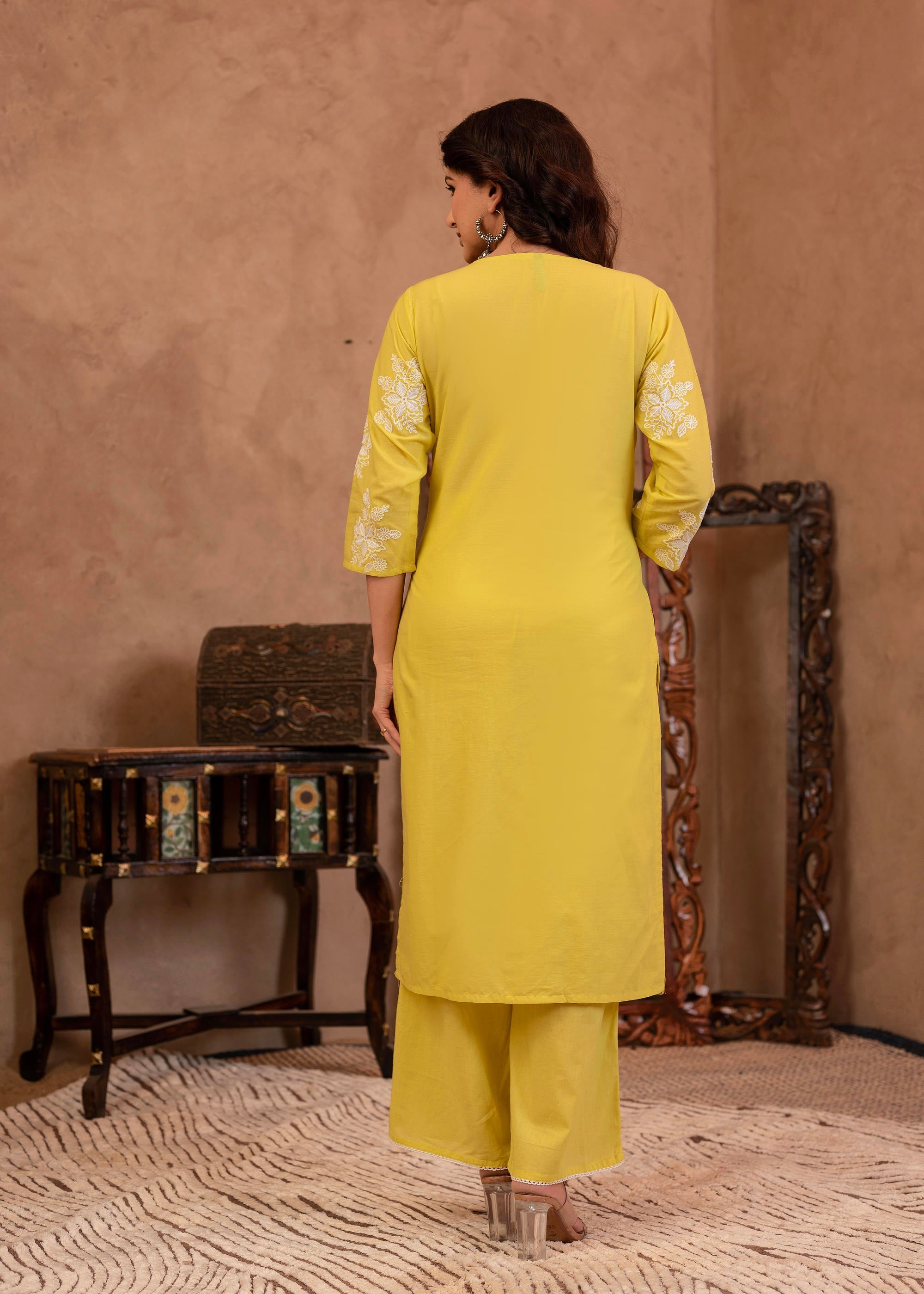 Juniper Lime Yellow Embroidered Cotton Slub Kurta with Palazzo & Thread Work | Grocsy