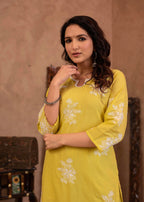 Juniper Lime Yellow Embroidered Cotton Slub Kurta with Palazzo & Thread Work | Grocsy
