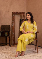 Juniper Lime Yellow Embroidered Cotton Slub Kurta with Palazzo & Thread Work | Grocsy
