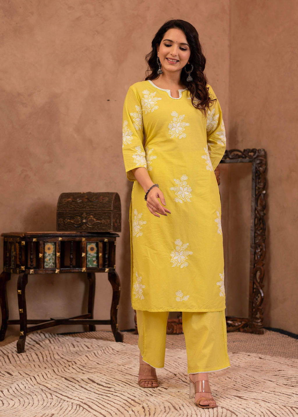 Juniper Lime Yellow Embroidered Cotton Slub Kurta with Palazzo & Thread Work | Grocsy