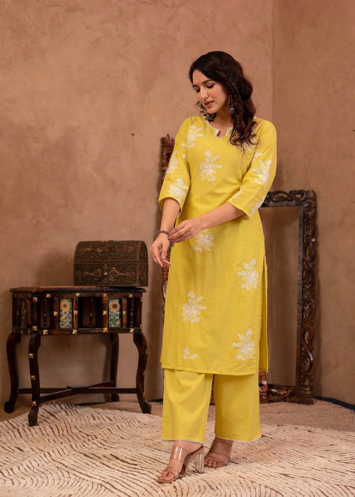 Juniper Lime Yellow Embroidered Cotton Slub Kurta with Palazzo & Thread Work | Grocsy