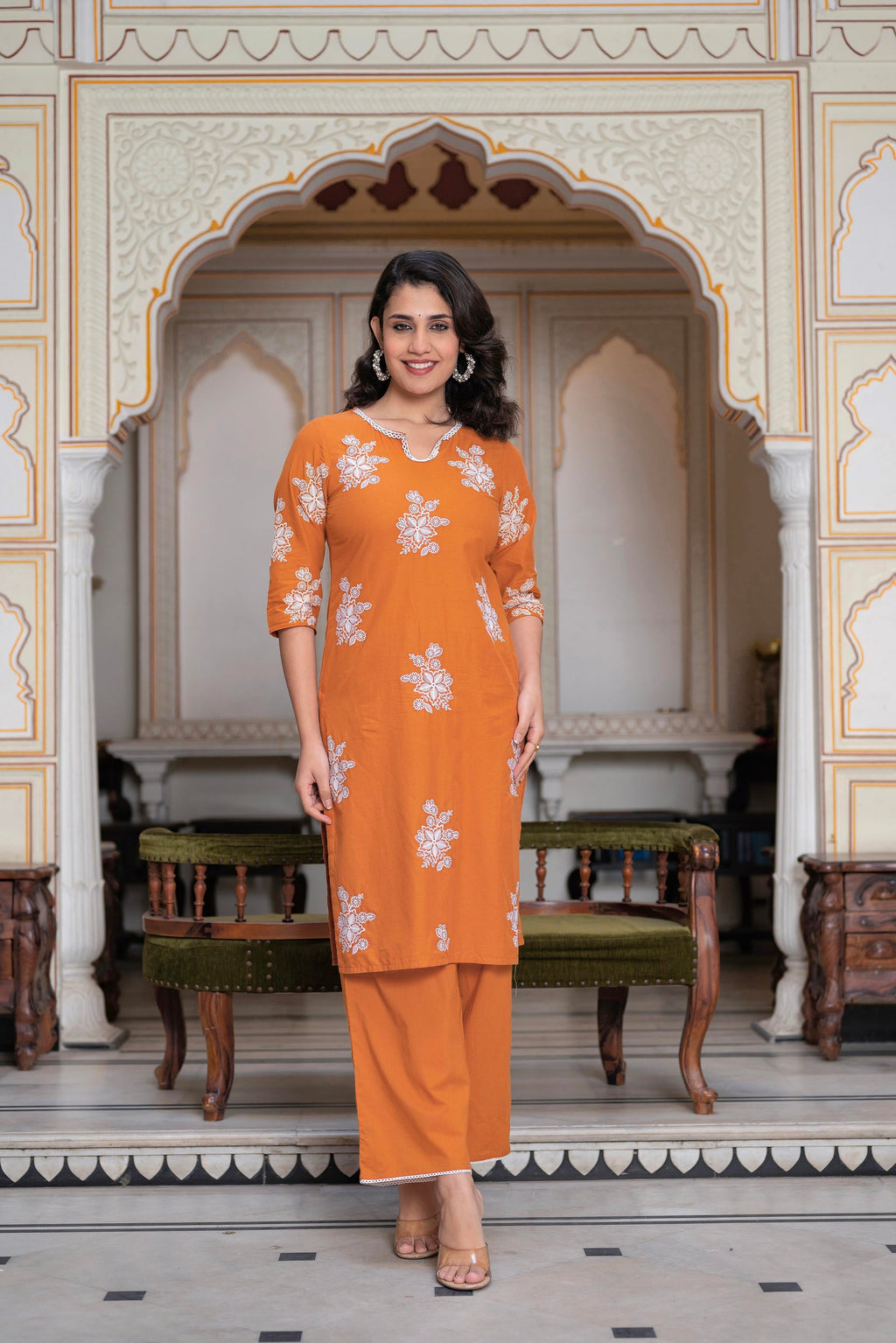 Juniper Rust Embroidered Cotton Slub Kurta-Palazzo Set With Thread Work & Cotton Lace | Grocsy