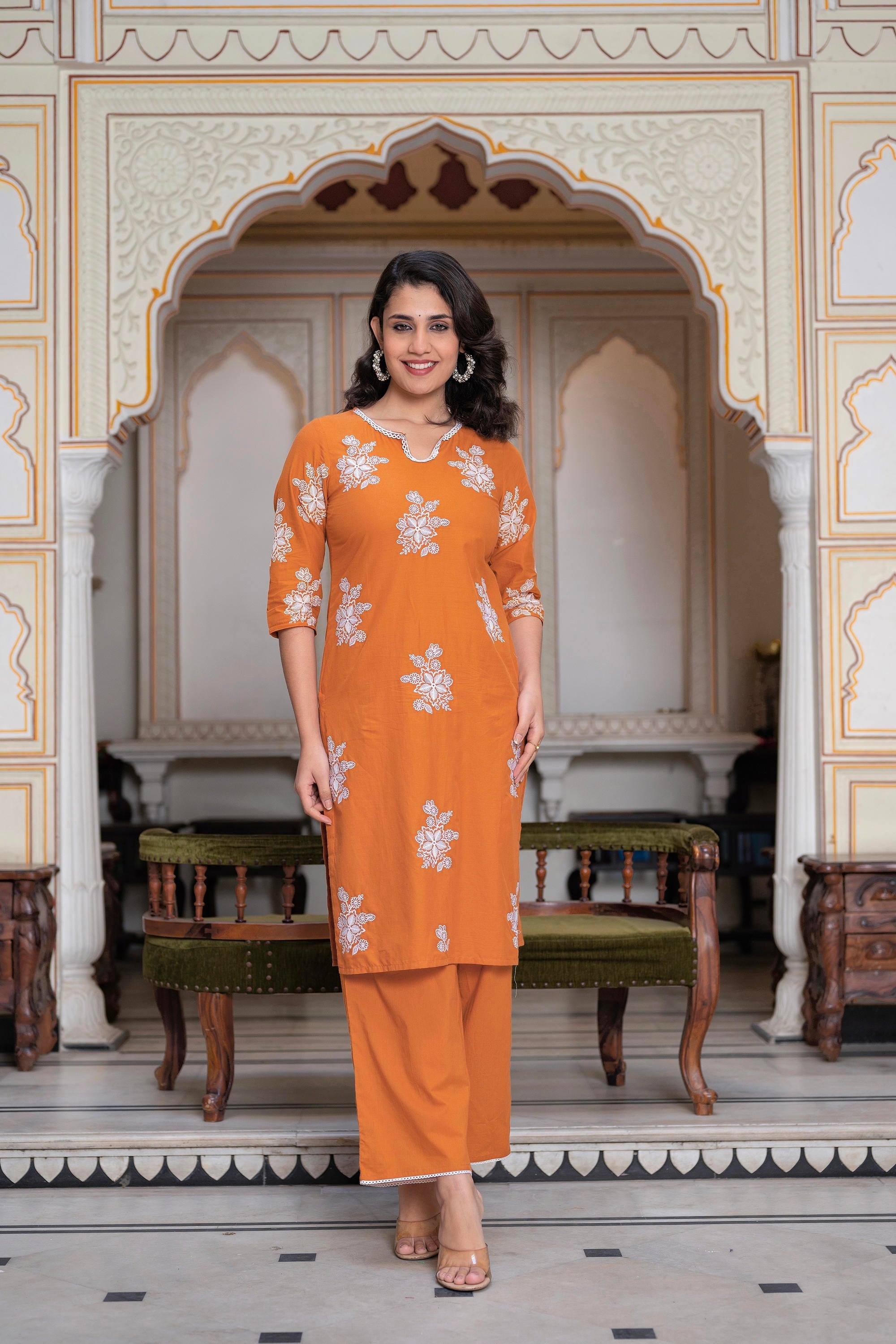 Juniper Rust Embroidered Cotton Slub Kurta-Palazzo Set With Thread Work & Cotton Lace | Grocsy