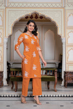 Juniper Rust Embroidered Cotton Slub Kurta-Palazzo Set with Thread Work & Cotton Lace | Grocsy