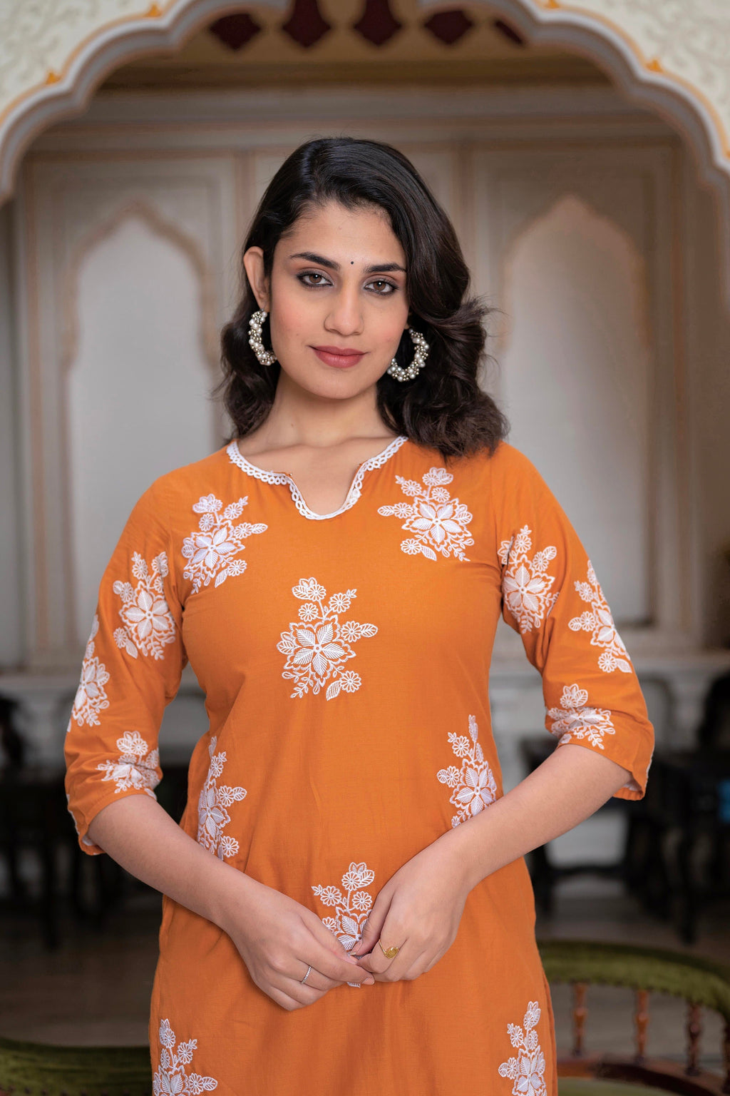 Juniper Rust Embroidered Cotton Slub Kurta-Palazzo Set with Thread Work & Cotton Lace | Grocsy