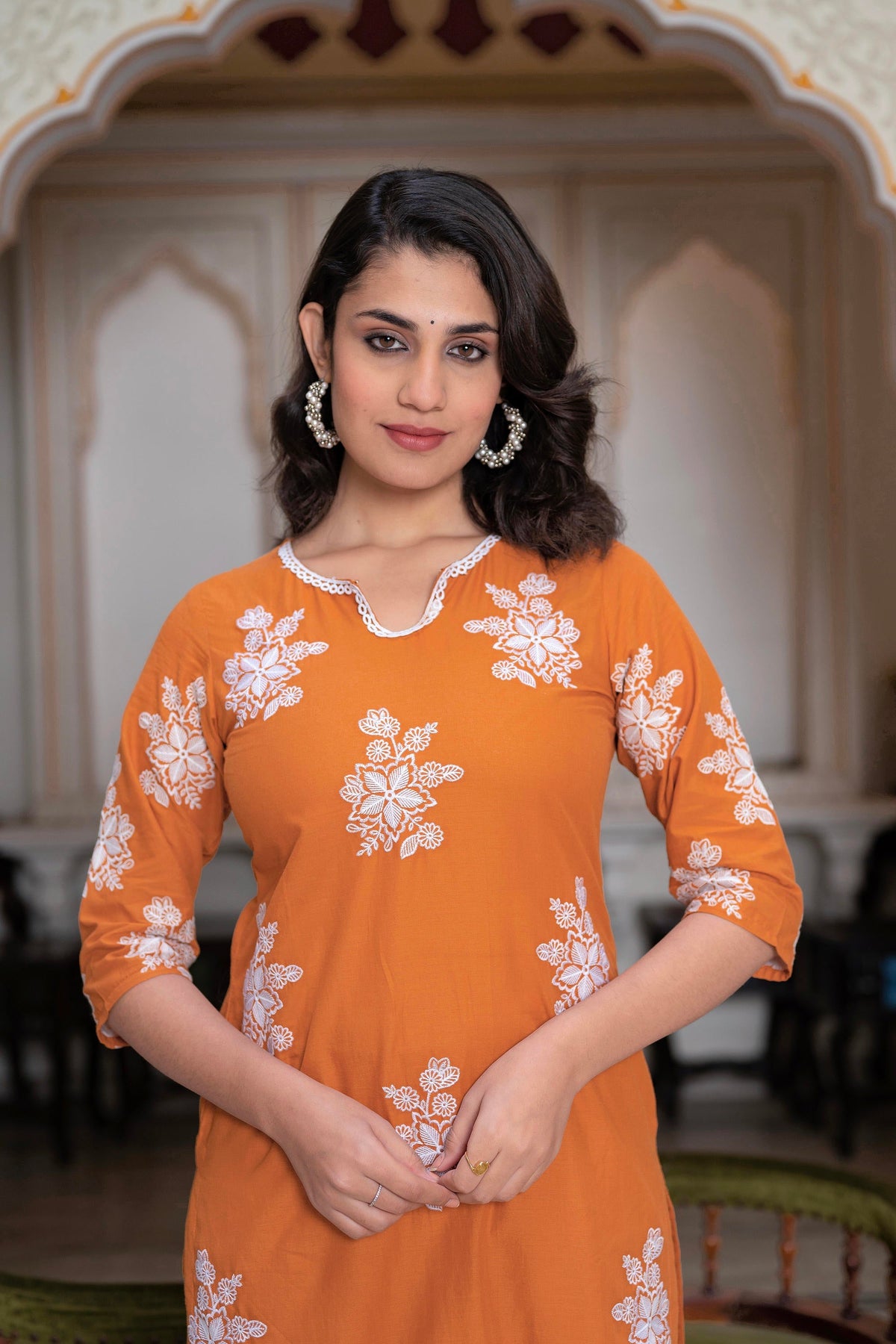 Juniper Rust Embroidered Cotton Slub Kurta-Palazzo Set with Thread Work & Cotton Lace | Grocsy