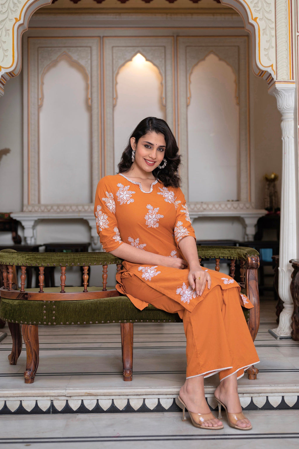 Juniper Rust Embroidered Cotton Slub Kurta-Palazzo Set with Thread Work & Cotton Lace | Grocsy