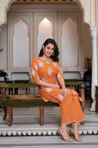 Juniper Rust Embroidered Cotton Slub Kurta-Palazzo Set with Thread Work & Cotton Lace | Grocsy