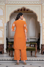 Juniper Rust Embroidered Cotton Slub Kurta-Palazzo Set with Thread Work & Cotton Lace | Grocsy