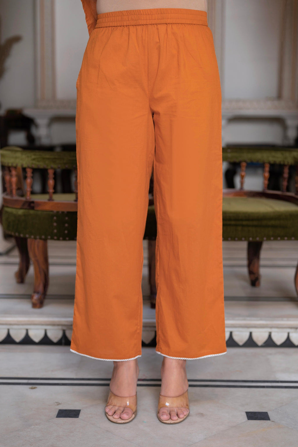 Juniper Rust Embroidered Cotton Slub Kurta-Palazzo Set with Thread Work & Cotton Lace | Grocsy