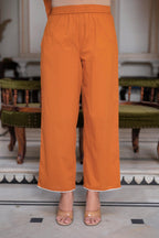 Juniper Rust Embroidered Cotton Slub Kurta-Palazzo Set with Thread Work & Cotton Lace | Grocsy