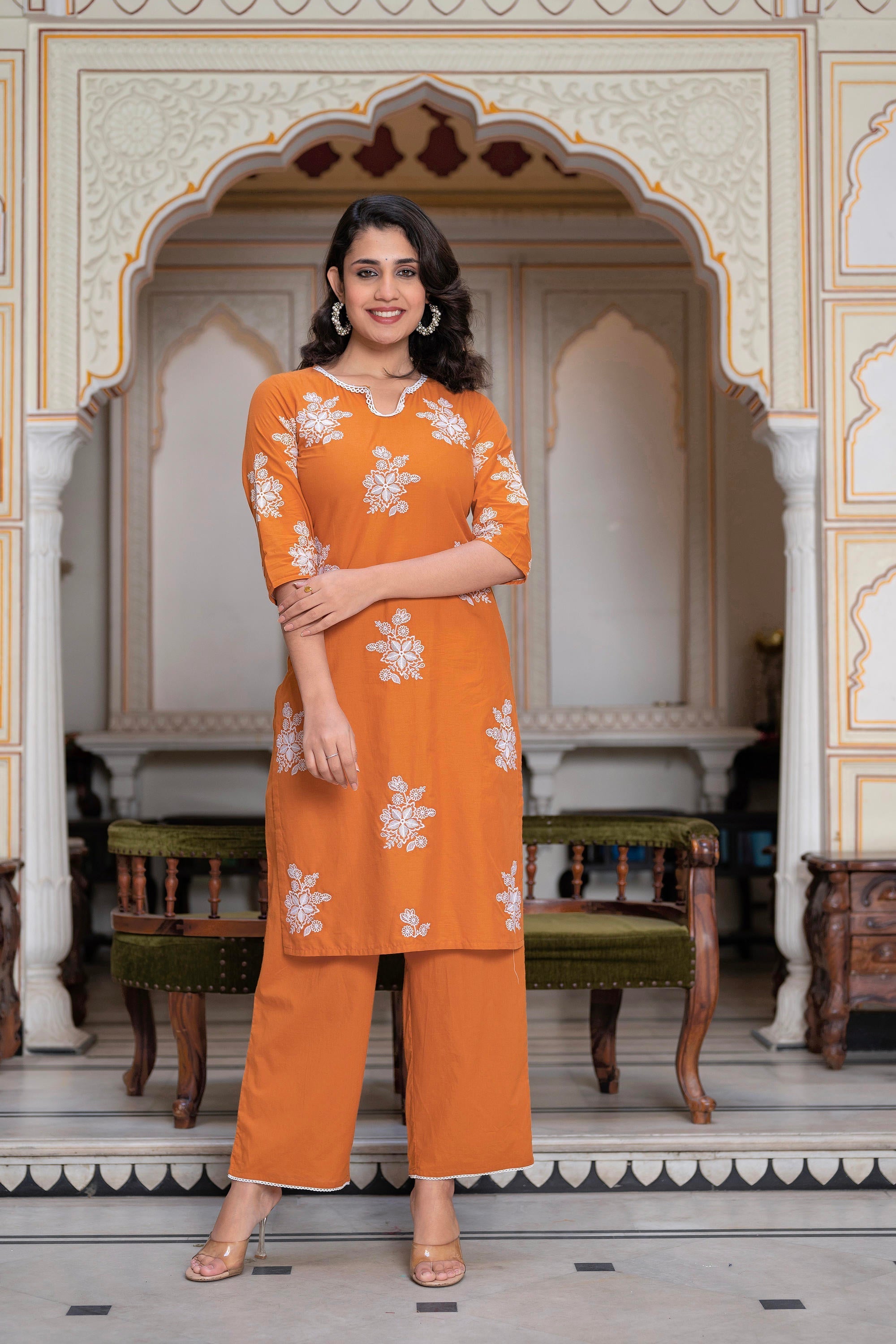 Juniper Rust Embroidered Cotton Slub Kurta-Palazzo Set with Thread Work & Cotton Lace | Grocsy