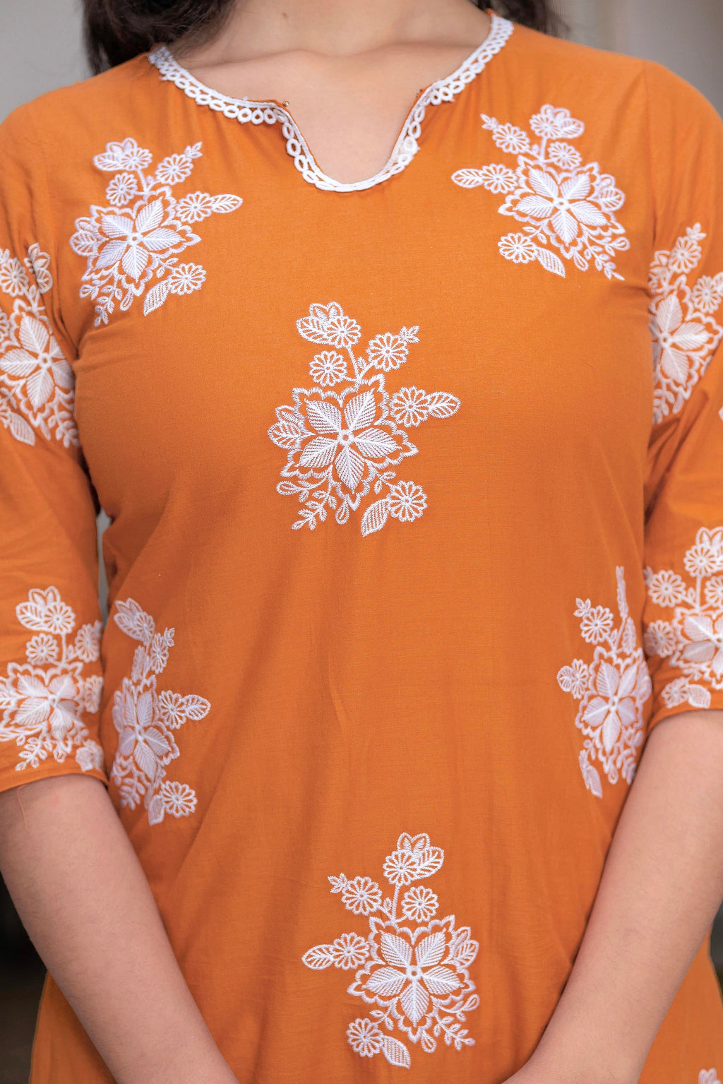 Juniper Rust Embroidered Cotton Slub Kurta-Palazzo Set with Thread Work & Cotton Lace | Grocsy