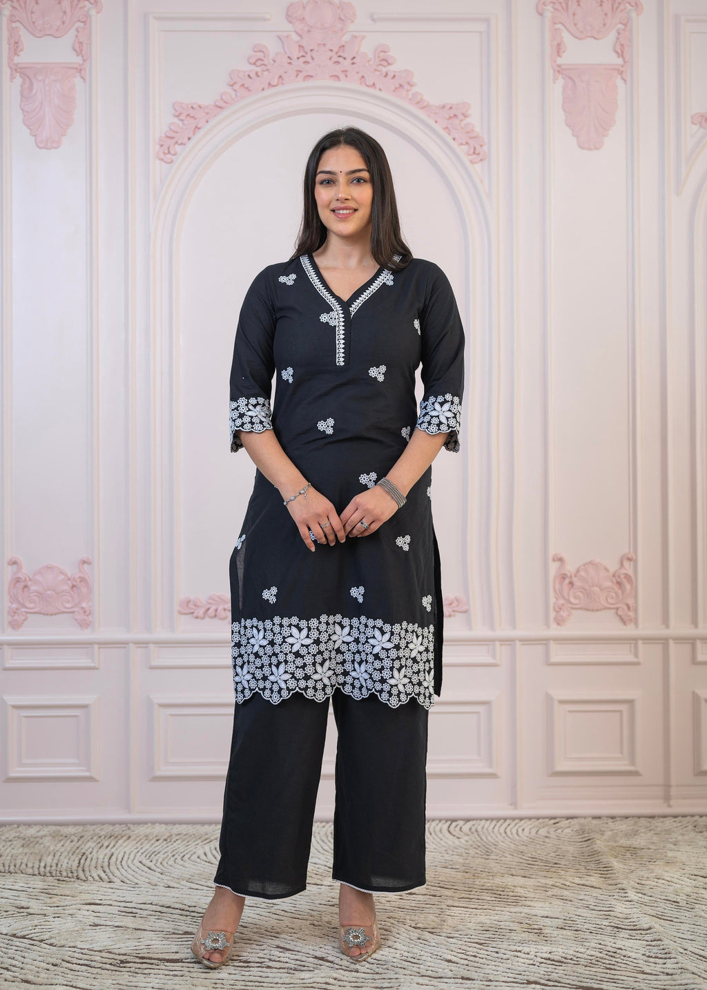 Juniper Black Floral Embroidered Cotton Slub Kurta with Palazzo & Lace | Grocsy