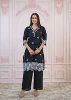 Juniper Black Floral Embroidered Cotton Slub Kurta with Palazzo & Lace | Grocsy
