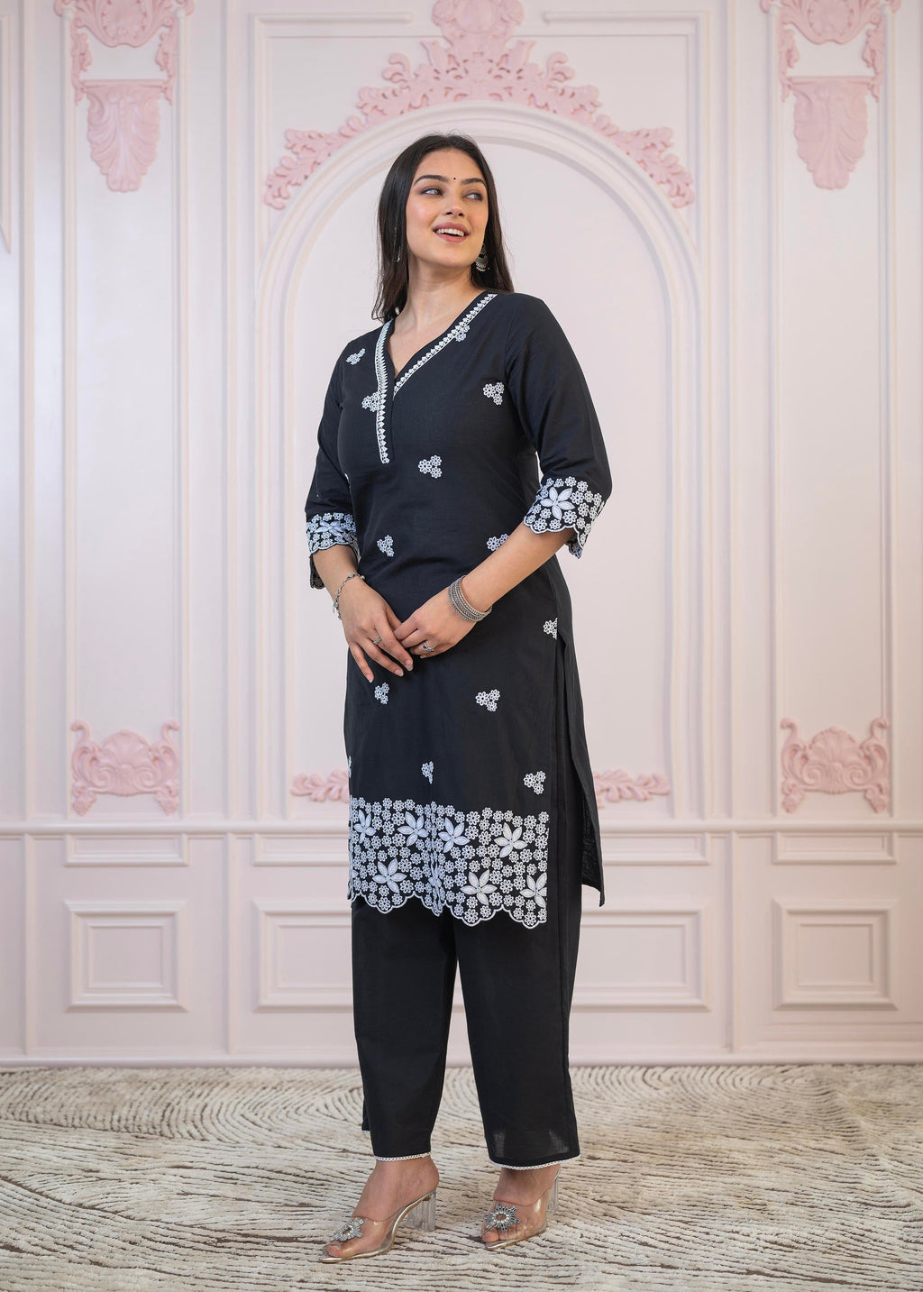 Juniper Black Floral Embroidered Cotton Slub Kurta with Palazzo & Lace | Grocsy