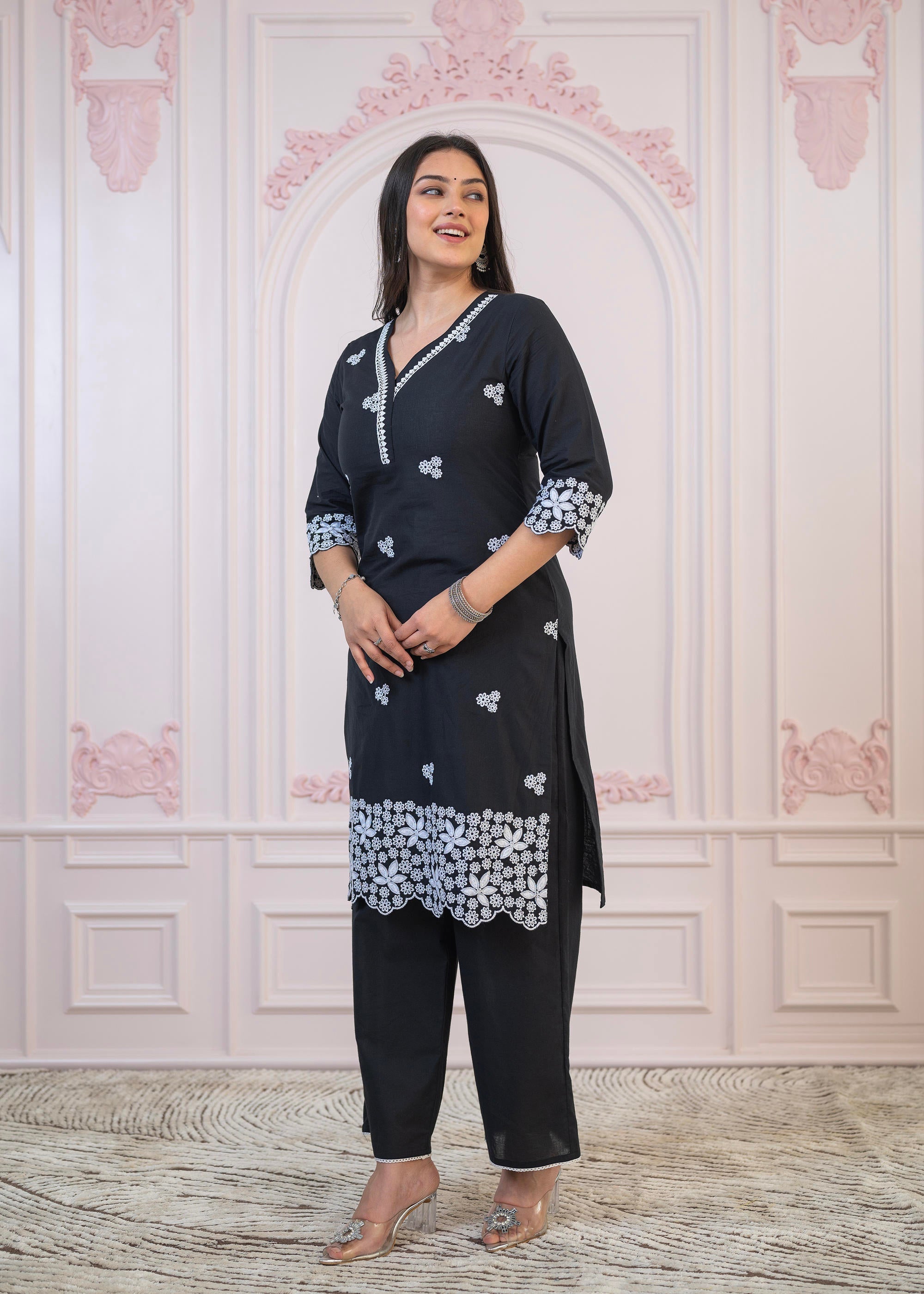 Juniper Black Floral Embroidered Cotton Slub Kurta With Palazzo & Lace | Grocsy