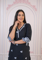 Juniper Black Floral Embroidered Cotton Slub Kurta with Palazzo & Lace | Grocsy