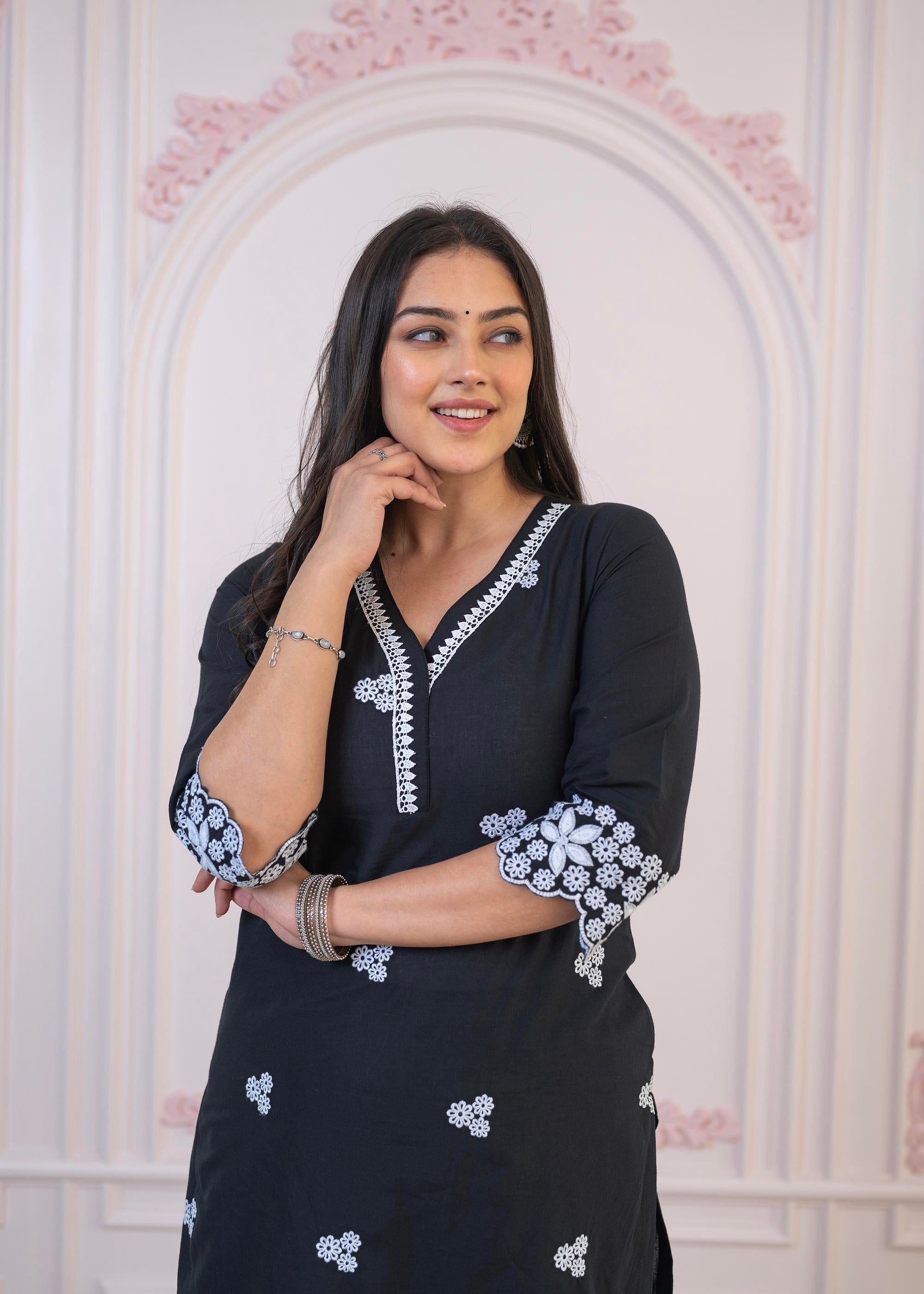 Juniper Black Floral Embroidered Cotton Slub Kurta with Palazzo & Lace | Grocsy