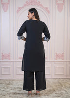 Juniper Black Floral Embroidered Cotton Slub Kurta with Palazzo & Lace | Grocsy