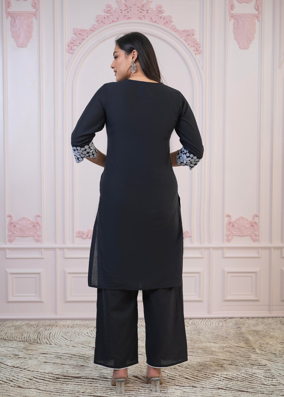 Juniper Black Floral Embroidered Cotton Slub Kurta With Palazzo & Lace | Grocsy
