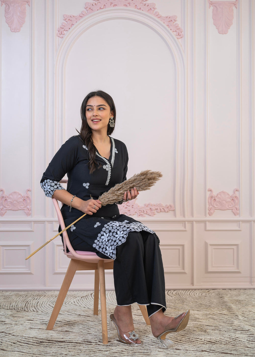 Juniper Black Floral Embroidered Cotton Slub Kurta with Palazzo & Lace | Grocsy