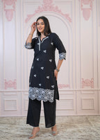 Juniper Black Floral Embroidered Cotton Slub Kurta with Palazzo & Lace | Grocsy