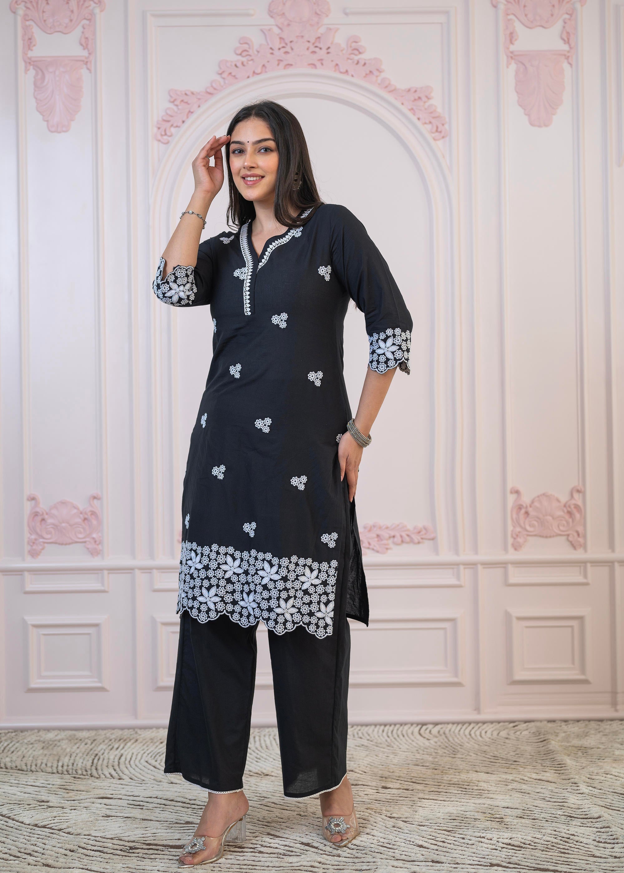 Juniper Black Floral Embroidered Cotton Slub Kurta with Palazzo & Lace | Grocsy