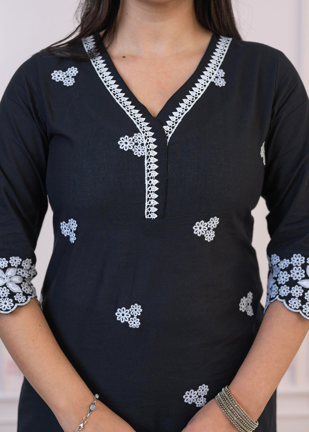 Juniper Black Floral Embroidered Cotton Slub Kurta with Palazzo & Lace | Grocsy