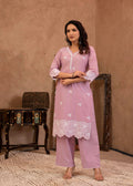 Juniper Lavender Floral Embroidered Cotton Kurta with Palazzo & Lace Work | Grocsy