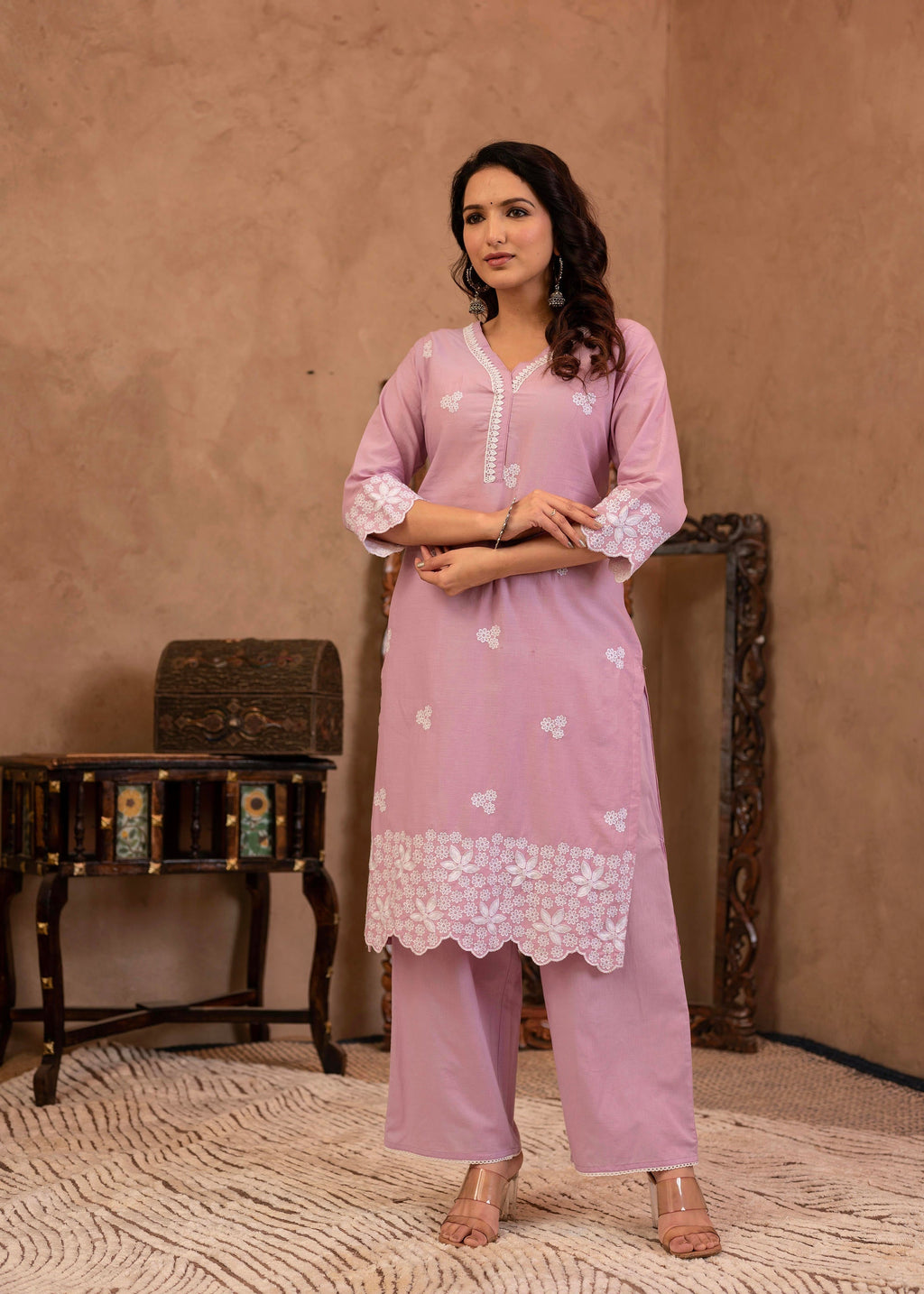Juniper Lavender Floral Embroidered Cotton Kurta With Palazzo & Lace Work | Grocsy