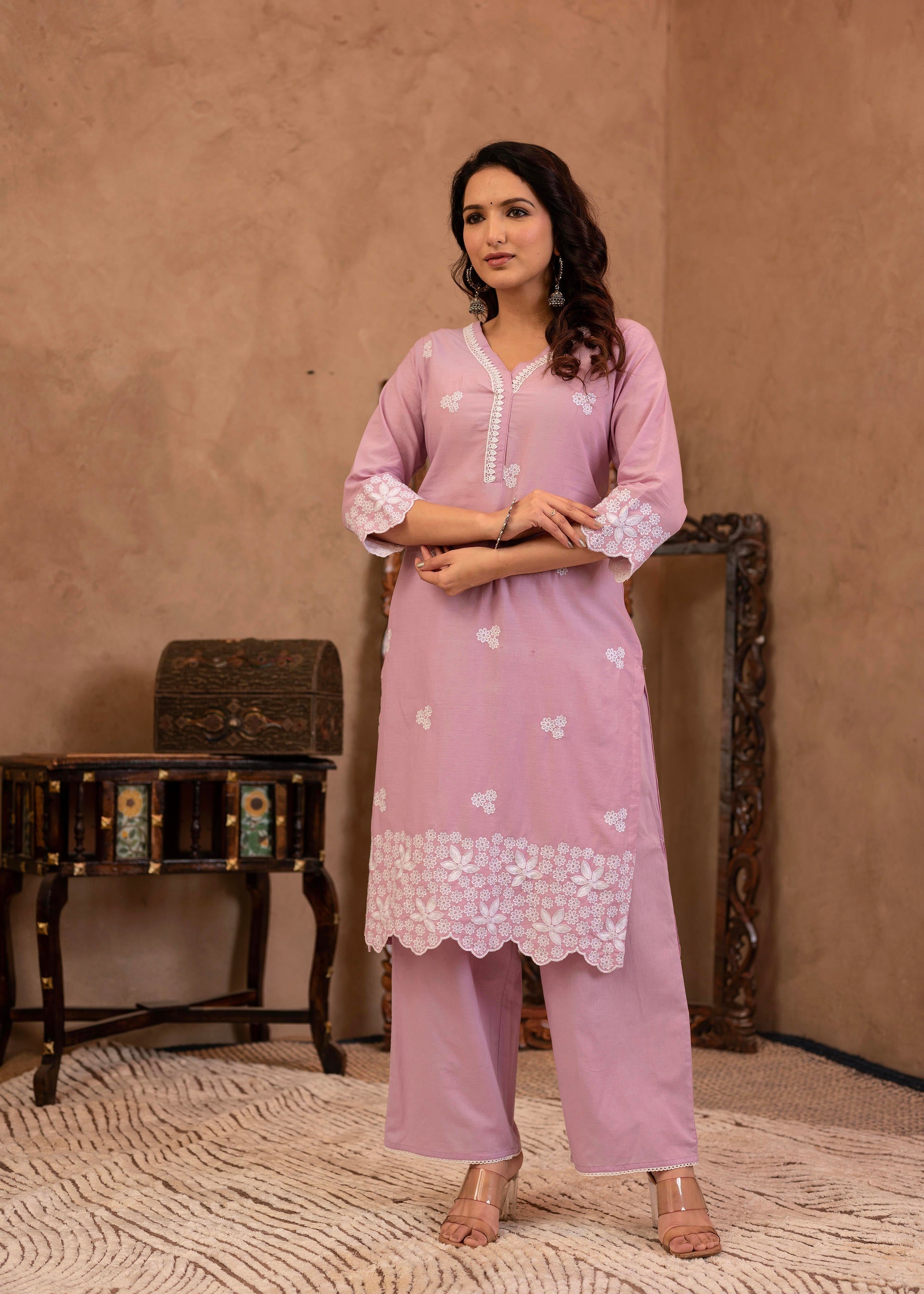 Juniper Lavender Floral Embroidered Cotton Kurta With Palazzo & Lace Work | Grocsy