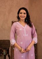Juniper Lavender Floral Embroidered Cotton Kurta with Palazzo & Lace Work | Grocsy