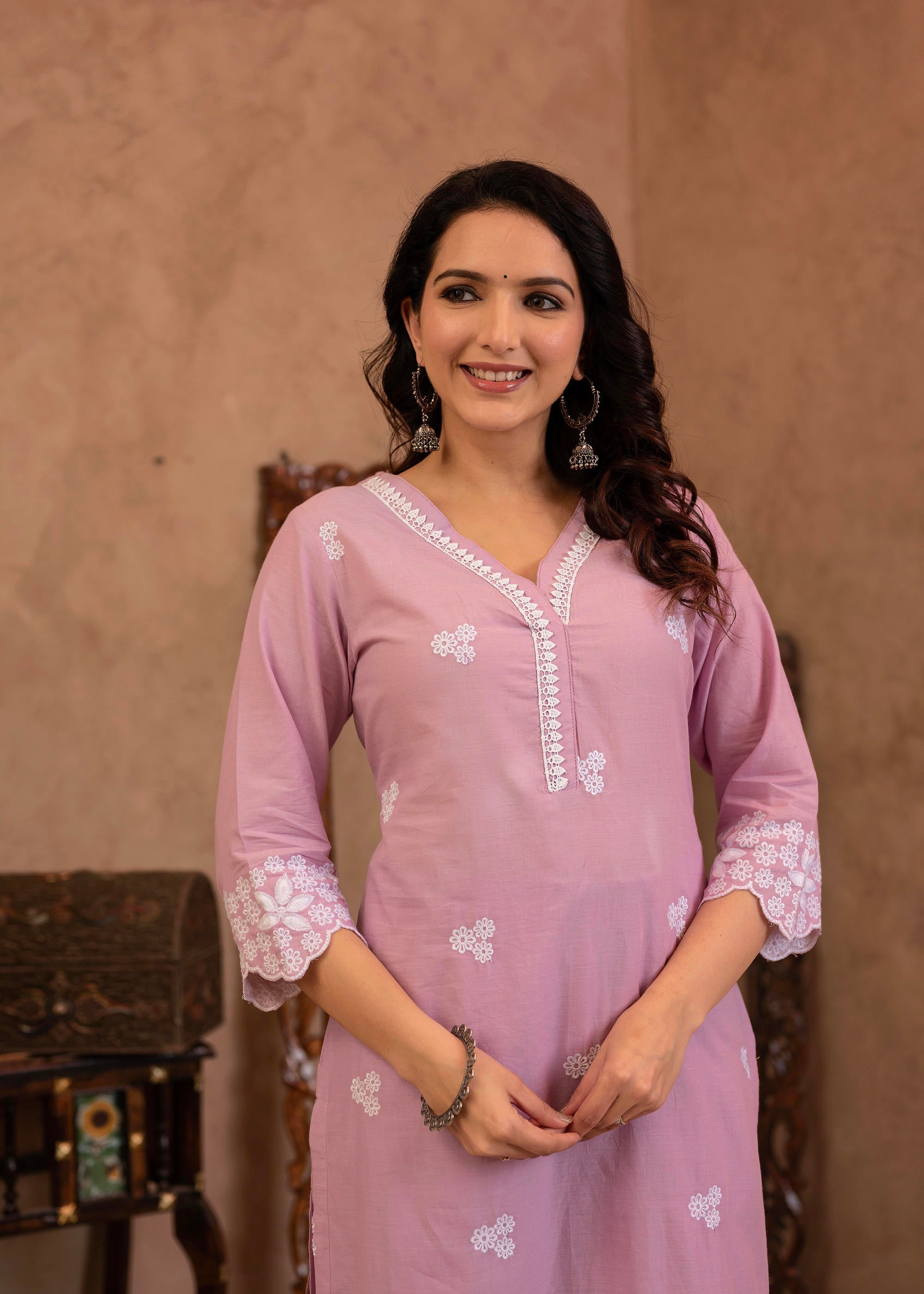 Juniper Lavender Floral Embroidered Cotton Kurta With Palazzo & Lace Work | Grocsy