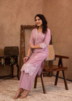 Juniper Lavender Floral Embroidered Cotton Kurta With Palazzo & Lace Work | Grocsy