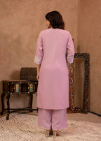 Juniper Lavender Floral Embroidered Cotton Kurta with Palazzo & Lace Work | Grocsy