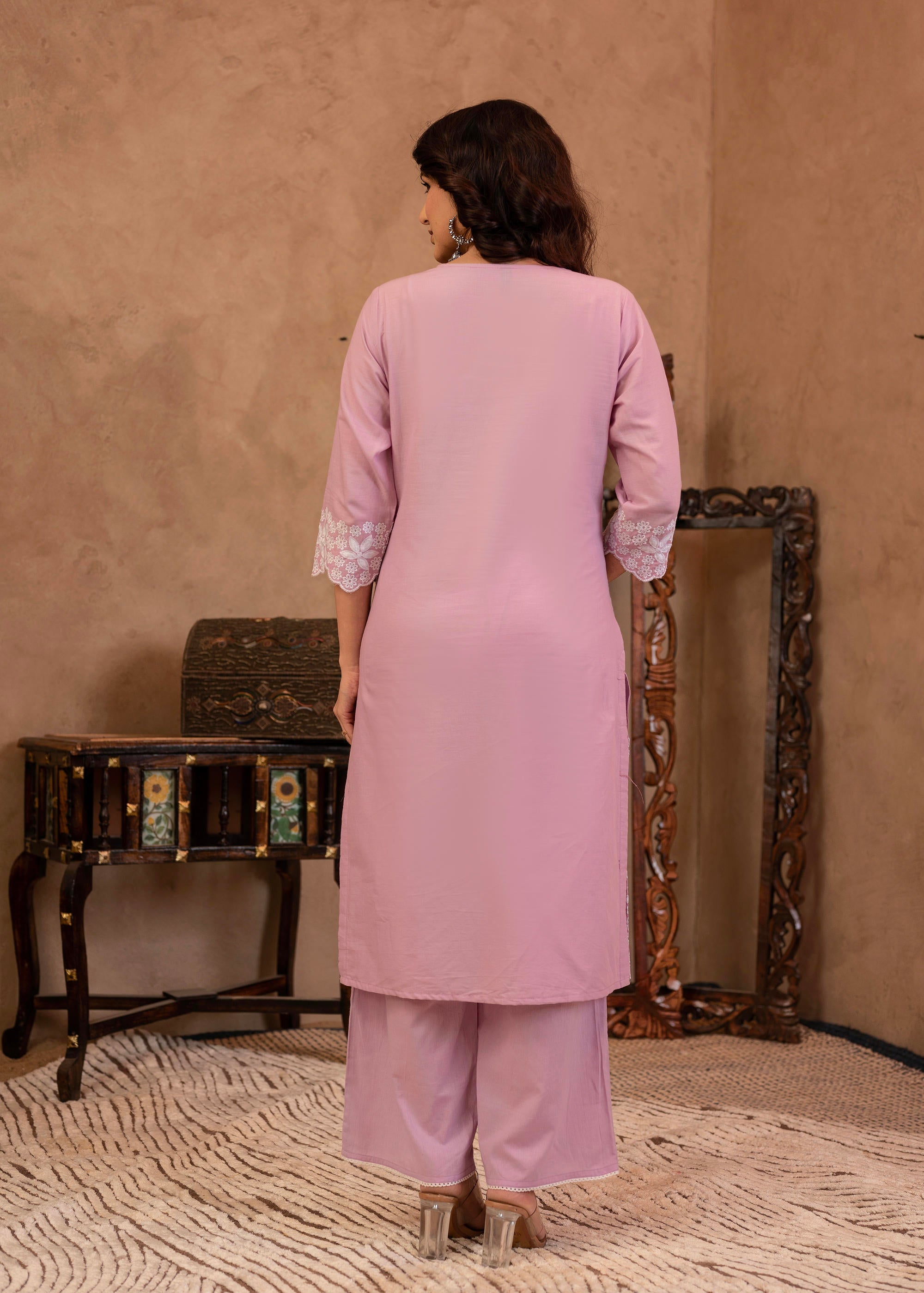 Juniper Lavender Floral Embroidered Cotton Kurta with Palazzo & Lace Work | Grocsy