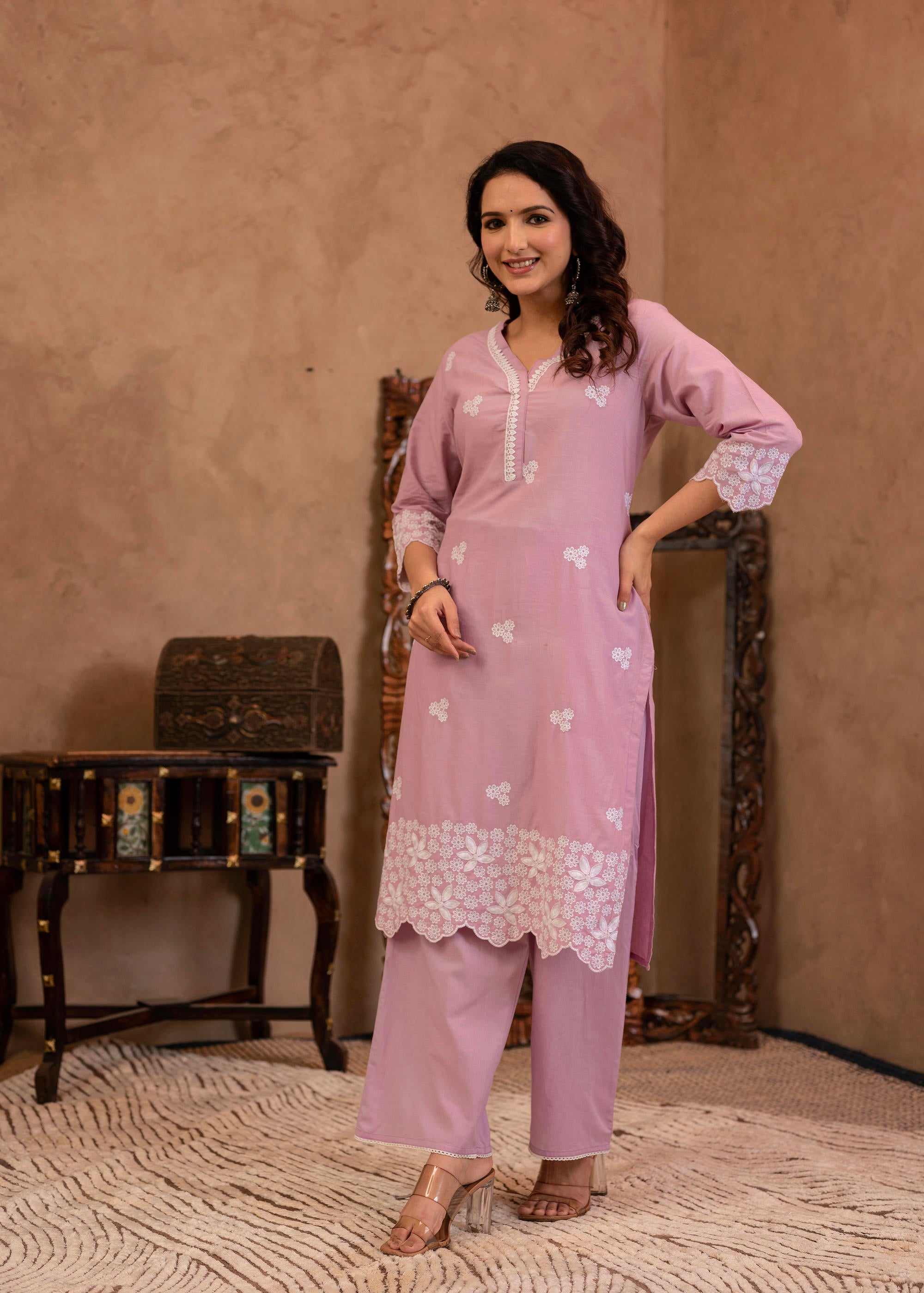 Juniper Lavender Floral Embroidered Cotton Kurta With Palazzo & Lace Work | Grocsy