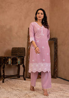 Juniper Lavender Floral Embroidered Cotton Kurta with Palazzo & Lace Work | Grocsy