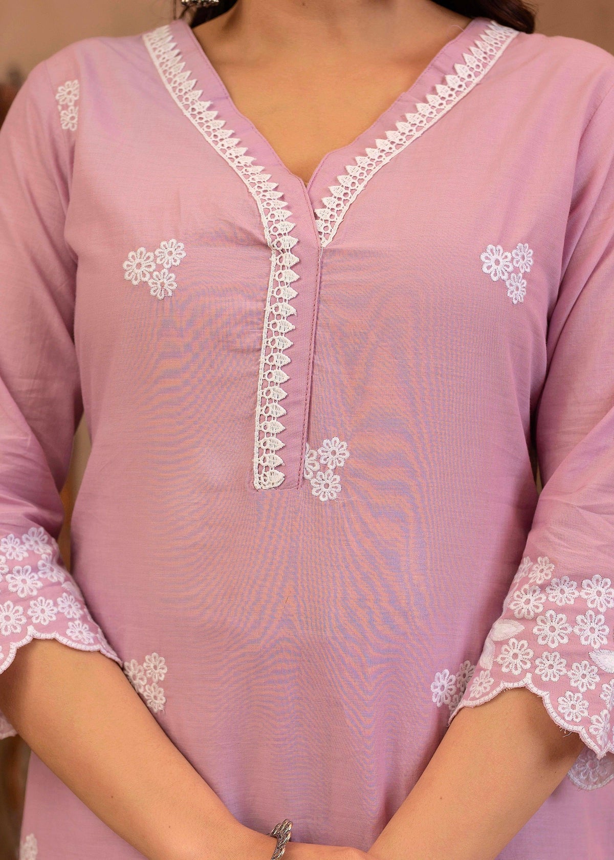 Juniper Lavender Floral Embroidered Cotton Kurta with Palazzo & Lace Work | Grocsy