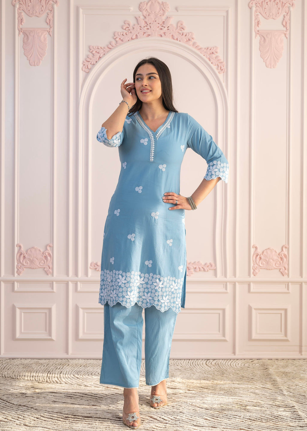 Juniper Powder Blue Embroidered Cotton Kurta With Palazzo & Lace Work | Grocsy