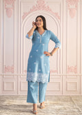 Juniper Powder Blue Embroidered Cotton Kurta With Palazzo & Lace Work | Grocsy