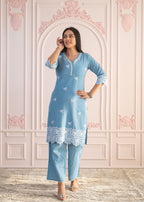 Juniper Powder Blue Embroidered Cotton Kurta With Palazzo & Lace Work | Grocsy