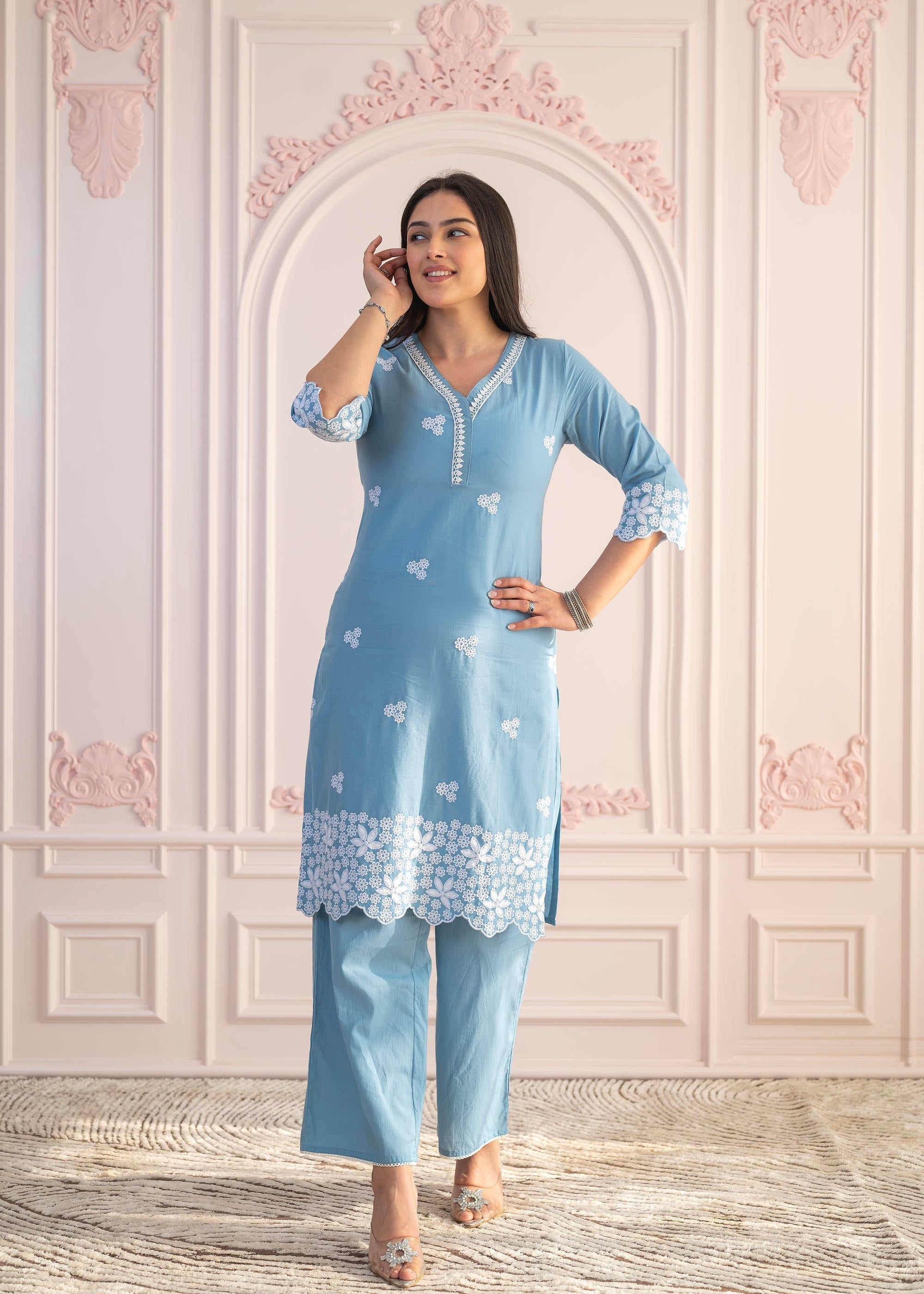 Juniper Powder Blue Embroidered Cotton Kurta With Palazzo & Lace Work | Grocsy