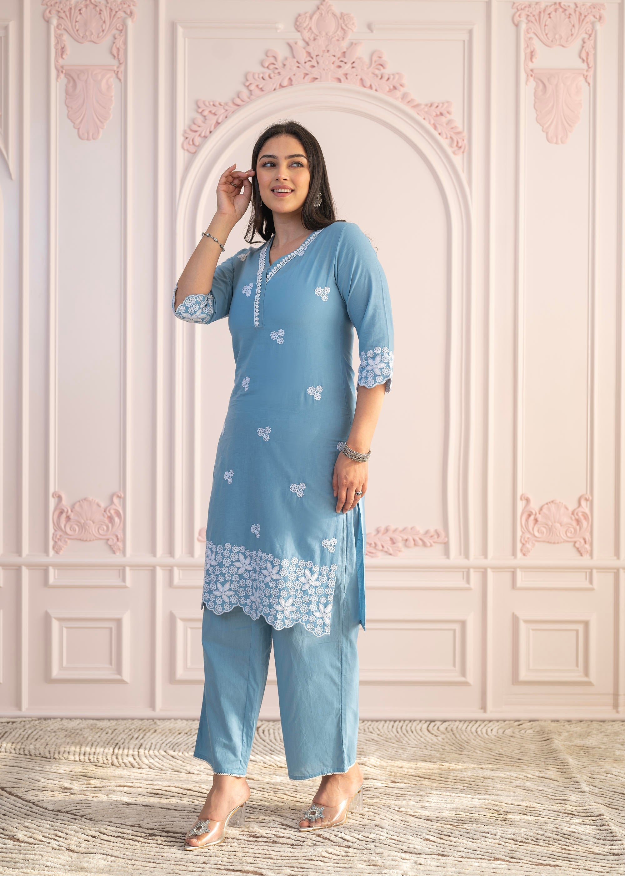 Juniper Powder Blue Embroidered Cotton Kurta With Palazzo & Lace Work | Grocsy
