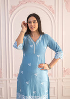 Juniper Powder Blue Embroidered Cotton Kurta With Palazzo & Lace Work | Grocsy